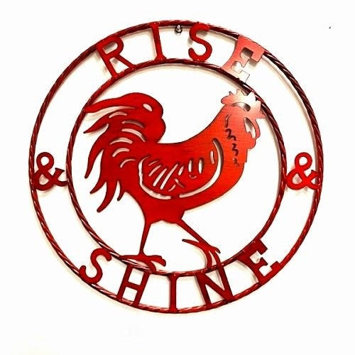 #SI_B9504 RISE & SHINE 24" RED ROOSTER CHICKEN METAL SIGN WESTERN HOME DECOR HANDMADE NEW