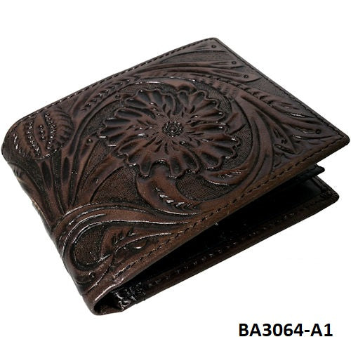 #RA_BA3064-A1 P&G GENUINE LEATHER TOOLED BROWN MEN WALLET WESTERN STYLE BRAND NEW -- FREE SHIPPING