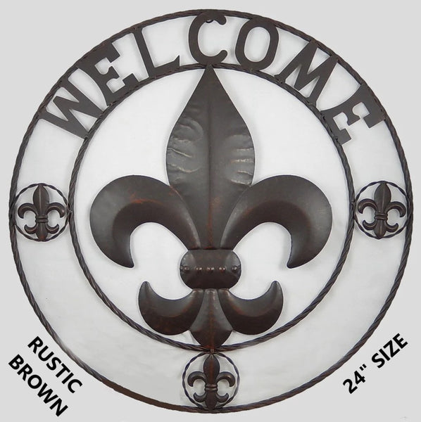 #SI_BC2119  FLEUR DE LIS WELCOME 24",32",36" BROWN METAL SIGN WESTERN HOME DECOR HANDMADE NEW