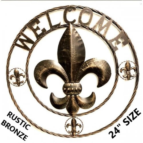 #SI_BC2119  WELCOME FLEUR DE LIS 24",32",36" RUSTIC BRONZE METAL SIGN WESTERN HOME DECOR HANDMADE NEW