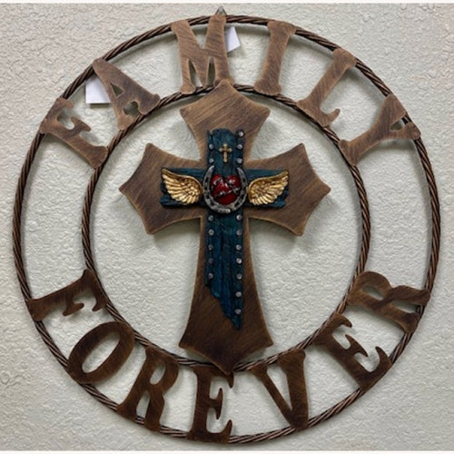 #SI_XF_R0047 FAMILY FOREVER CROSS 25" METAL WALL CROSS WESTERN HOME DECOR NEW
