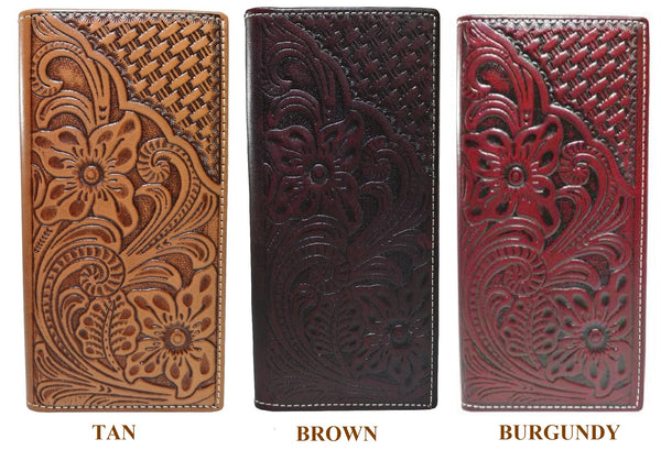 #WS WESTERN CHECKBOOK BI FOLD MENS WALLET GENUINE LEATHER BROWN FRONT FLORAL EMBOSSED