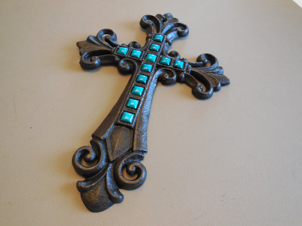 Turquoise Fleur De Lis Cross Cast Iron Decorative Wall Cross Rustic Brown Decor #56367-T