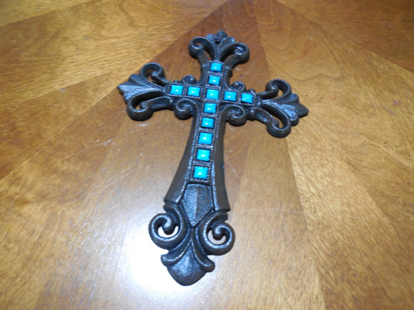 Turquoise Fleur De Lis Cross Cast Iron Decorative Wall Cross Rustic Brown Decor #56367-T