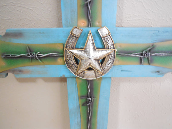P&G HORSESHOE STAR WOOD CROSS WESTERN HOME DECOR NEW ART--FREE SHIPPING