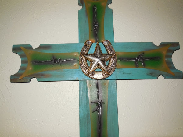 P&G HORSESHOE STAR WOOD CROSS WESTERN HOME DECOR NEW ART--FREE SHIPPING