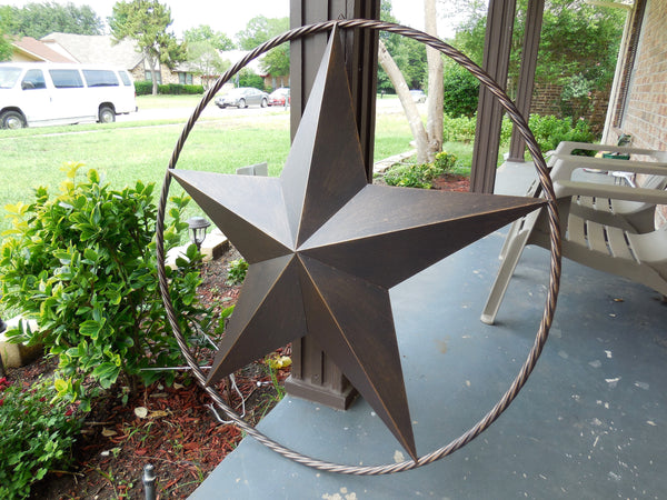 LONE STAR 48" METAL BARN STAR TWISTED ROPE RING RUSTIC BRONZE WESTERN HOME DECOR HANDMADE-#EH10014