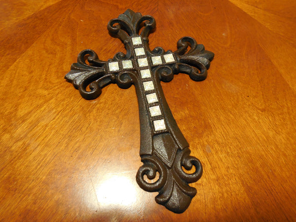 White Fleur De Lis Cross Cast Iron Decorative Wall Cross Rustic Brown Decor #56367-W