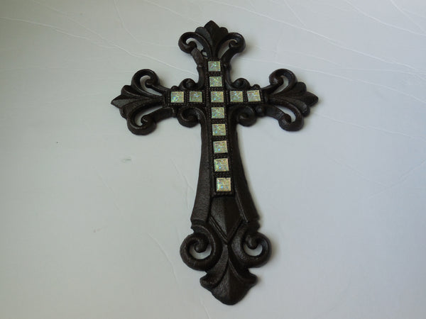 White Fleur De Lis Cross Cast Iron Decorative Wall Cross Rustic Brown Decor #56367-W