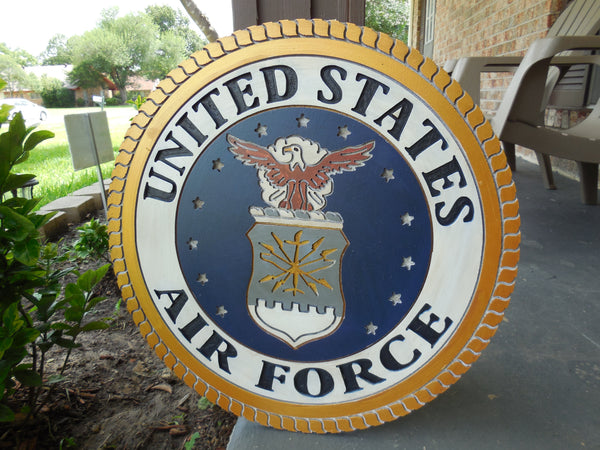 21" UNITED STATES AIR FORCE MILITARY HAND CARVED WOOD PLAQUE ART CRAFT WESTERN HOME DECOR AIRFORCE NAVY BLUE NEW