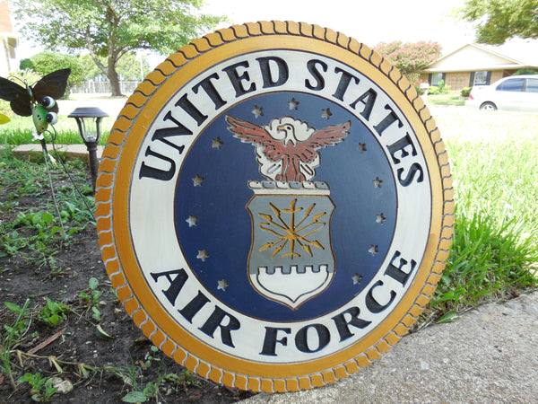 21" UNITED STATES AIR FORCE MILITARY HAND CARVED WOOD PLAQUE ART CRAFT WESTERN HOME DECOR AIRFORCE NAVY BLUE NEW