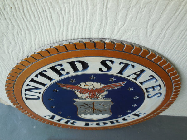 21" UNITED STATES AIR FORCE MILITARY HAND CARVED WOOD PLAQUE ART CRAFT WESTERN HOME DECOR AIRFORCE NAVY BLUE NEW