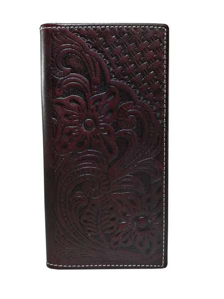 #WS WESTERN CHECKBOOK BI FOLD MENS WALLET GENUINE LEATHER BROWN FRONT FLORAL EMBOSSED