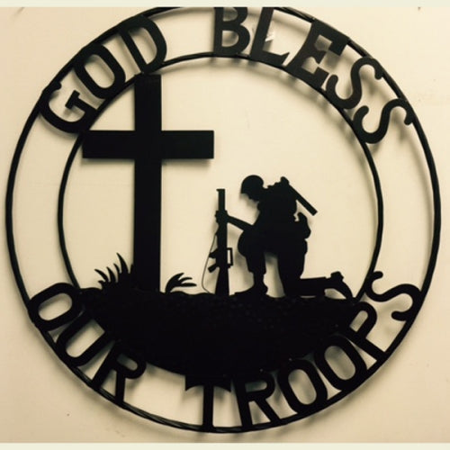 SI_F142002 GOD BLESS OUR TROOPS 24",32" PRAYING SOLDIER MILITARY METAL SIGN WESTERN HOME DECOR NEW