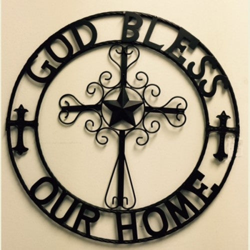 #SI_F142005 GOD BLESS OUR HOME CROSS 24" METAL SIGN WESTERN HOME DECOR HANDMADE NEW