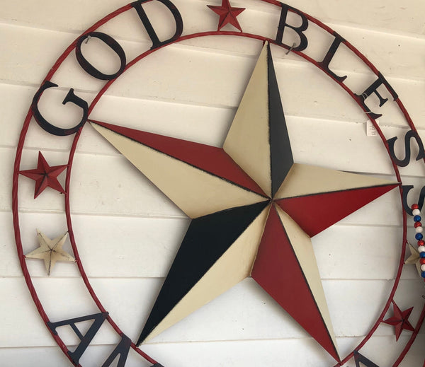 #EH10489 GOD BLESS AMERICA USA FLAG BARN STAR METAL RED WHITE BLUE WESTER HOME DECOR HANDMADE NEW