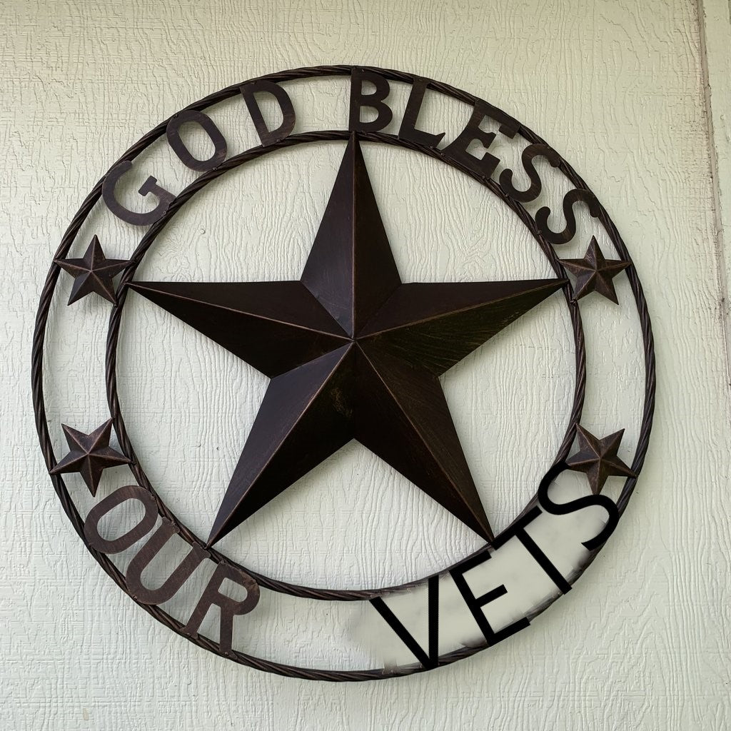 GOD BLESS OUR VETS BARN METAL STAR ROPE RING WALL ART WESTERN HOME DECOR NEW BRONZE