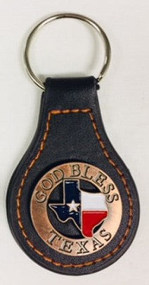 #EH80013 GOD BLESS TEXAS LEATHER KEYFOB KECHAIN METAL CONCHO WESTERN FASHION ART NEW -- FREE SHIPPING