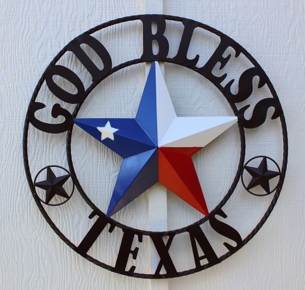 #EH11482 GOD BLESS TEXAS RED WHITE & BLUE TEXAS FLAG STYLE BARN METAL STAR BLACK TWISTED ROPE RING WESTERN HOME DECOR HANDMADE NEW