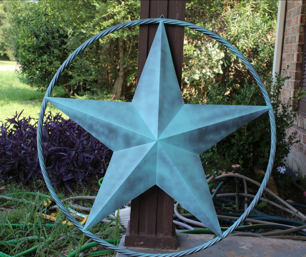 #EH10485 TURQUOISE DISTRESSED TWO TONE BARN STAR METAL LONESTAR TWISTED ROPE RING WETSERN HOME DECOR HANDMADE NEW