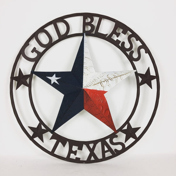 GOD BLESS TEXAS LICENSE PLATE BARN STAR WITH TWISTED ROPE RING WESTERN HOME DECOR VINTAGE RED WHITE BLUE NEW