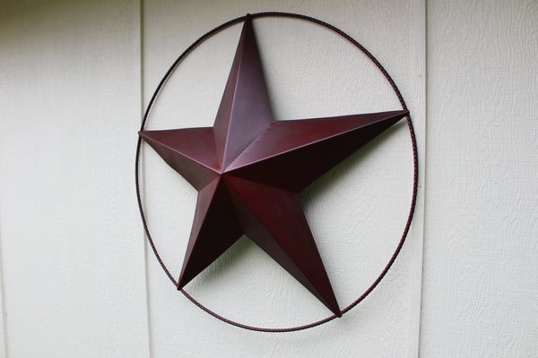 48" BARN LONE STAR WITH LARGE TWISTED ROPE RING METAL ART VINTAGE RUSTIC BURGUNDY RED NEW