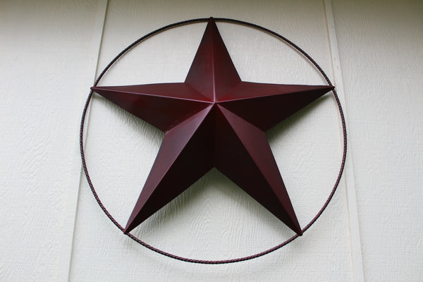 48" BARN LONE STAR WITH LARGE TWISTED ROPE RING METAL ART VINTAGE RUSTIC BURGUNDY RED NEW