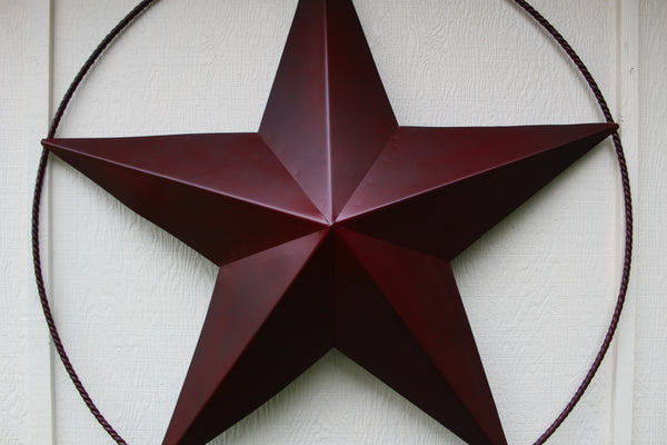 48" BARN LONE STAR WITH LARGE TWISTED ROPE RING METAL ART VINTAGE RUSTIC BURGUNDY RED NEW