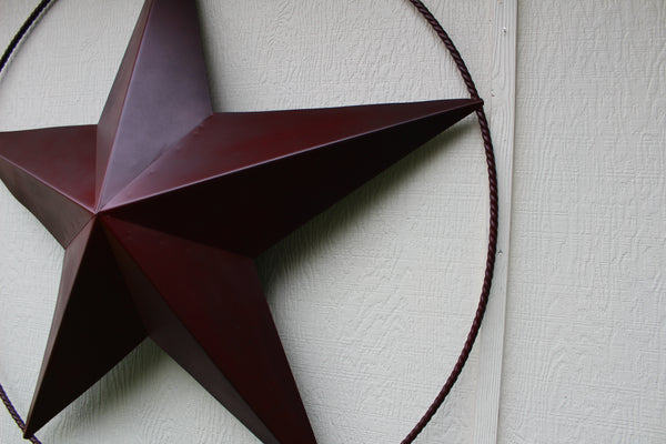 48" BARN LONE STAR WITH LARGE TWISTED ROPE RING METAL ART VINTAGE RUSTIC BURGUNDY RED NEW