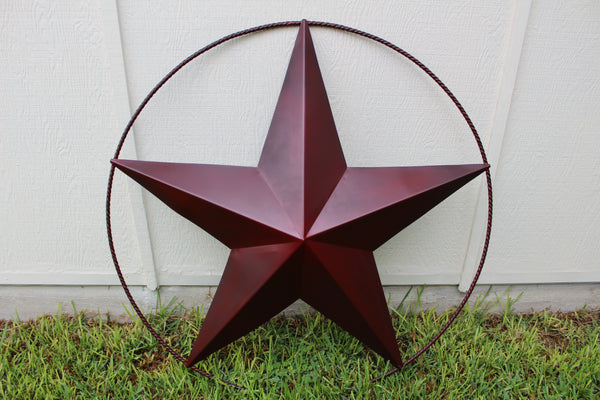 48" BARN LONE STAR WITH LARGE TWISTED ROPE RING METAL ART VINTAGE RUSTIC BURGUNDY RED NEW