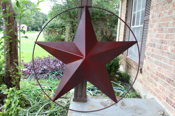 48" BARN LONE STAR WITH LARGE TWISTED ROPE RING METAL ART VINTAGE RUSTIC BURGUNDY RED NEW
