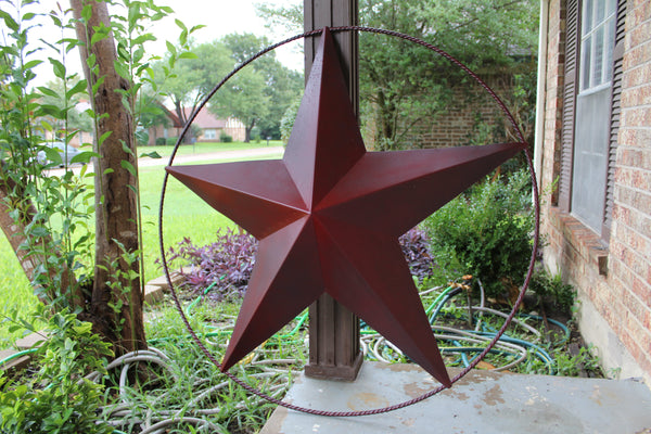 48" BARN LONE STAR WITH LARGE TWISTED ROPE RING METAL ART VINTAGE RUSTIC BURGUNDY RED NEW