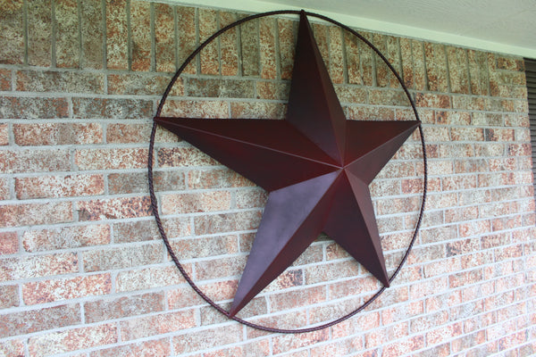 48" BARN LONE STAR WITH LARGE TWISTED ROPE RING METAL ART VINTAGE RUSTIC BURGUNDY RED NEW