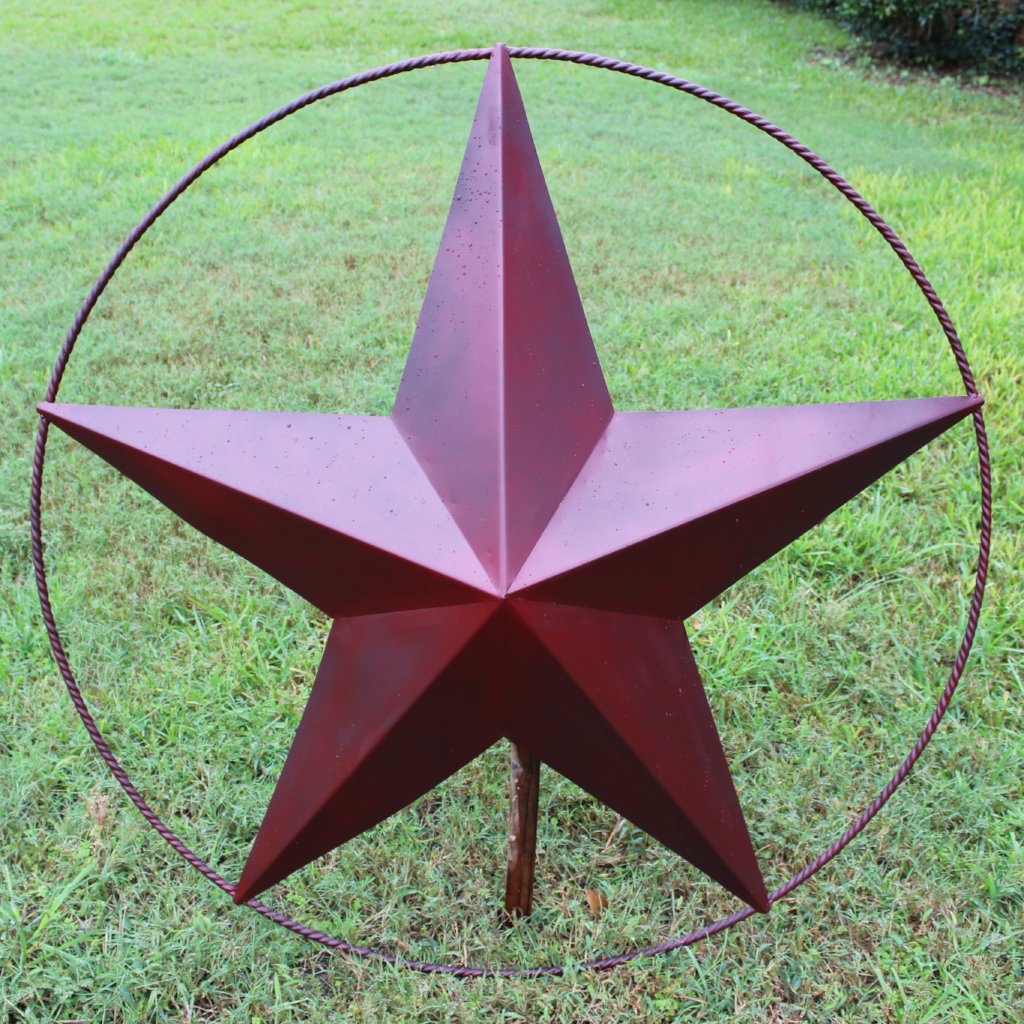 48" BARN LONE STAR WITH LARGE TWISTED ROPE RING METAL ART VINTAGE RUSTIC BURGUNDY RED NEW