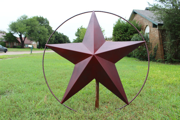 48" BARN LONE STAR WITH LARGE TWISTED ROPE RING METAL ART VINTAGE RUSTIC BURGUNDY RED NEW