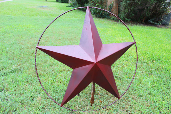 48" BARN LONE STAR WITH LARGE TWISTED ROPE RING METAL ART VINTAGE RUSTIC BURGUNDY RED NEW