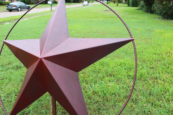 48" BARN LONE STAR WITH LARGE TWISTED ROPE RING METAL ART VINTAGE RUSTIC BURGUNDY RED NEW