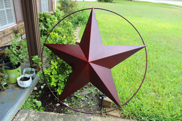 48" BARN LONE STAR WITH LARGE TWISTED ROPE RING METAL ART VINTAGE RUSTIC BURGUNDY RED NEW