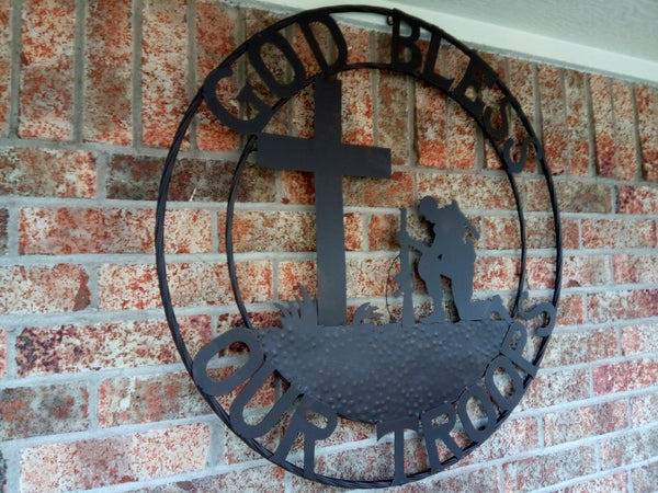 SI_F142002 GOD BLESS OUR TROOPS 24",32" PRAYING SOLDIER MILITARY METAL SIGN WESTERN HOME DECOR NEW