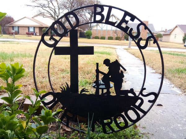 SI_F142002 GOD BLESS OUR TROOPS 24",32" PRAYING SOLDIER MILITARY METAL SIGN WESTERN HOME DECOR NEW