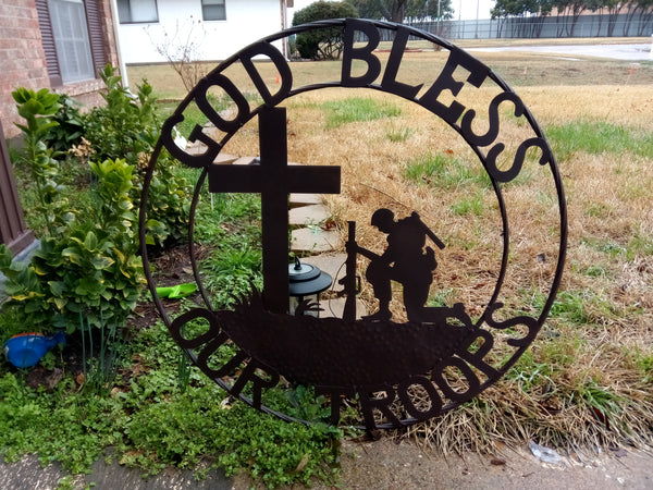 SI_F142002 GOD BLESS OUR TROOPS 24",32" PRAYING SOLDIER MILITARY METAL SIGN WESTERN HOME DECOR NEW