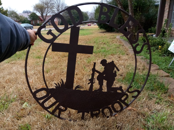 SI_F142002 GOD BLESS OUR TROOPS 24",32" PRAYING SOLDIER MILITARY METAL SIGN WESTERN HOME DECOR NEW
