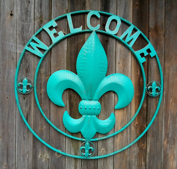 24",32" WELCOME FLEUR DE LIS TURQUOISE SIGN METAL WALL ART WESTERN HOME DECOR HANDMADE NEW