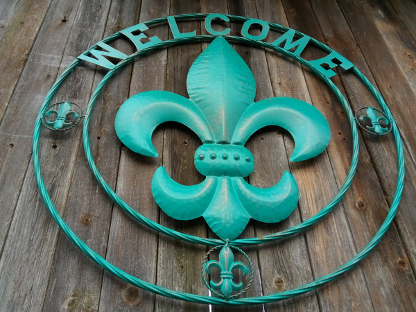 24",32" WELCOME FLEUR DE LIS TURQUOISE SIGN METAL WALL ART WESTERN HOME DECOR HANDMADE NEW