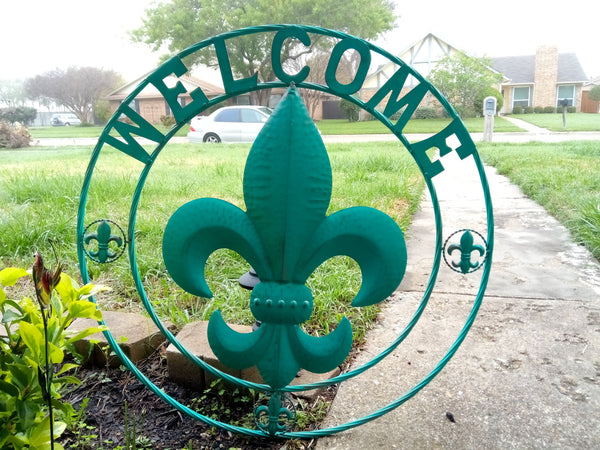 24",32" WELCOME FLEUR DE LIS TURQUOISE SIGN METAL WALL ART WESTERN HOME DECOR HANDMADE NEW