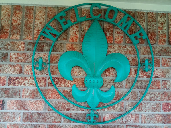 24",32" WELCOME FLEUR DE LIS TURQUOISE SIGN METAL WALL ART WESTERN HOME DECOR HANDMADE NEW