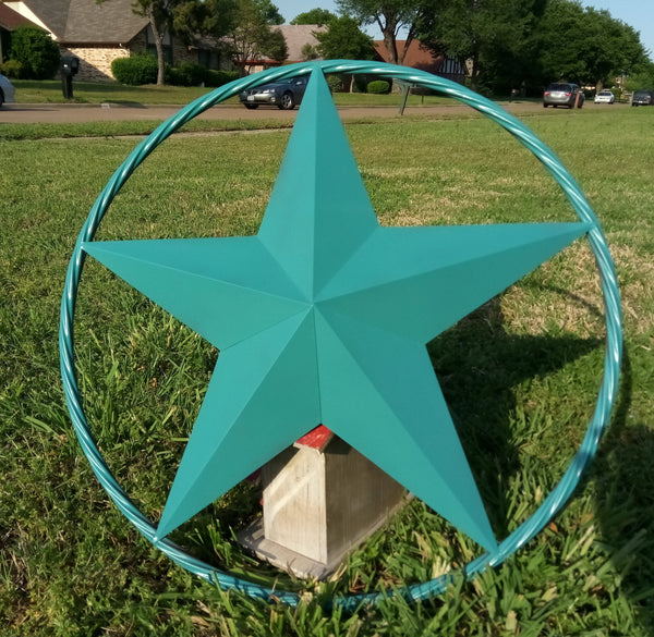 24", 32", 38" TEAL BARN LONE STAR WITH TWISTED ROPE RING DESIGN METAL WALL ART WESTERN HOME DECOR VINTAGE RUSTIC TEAL NEW
