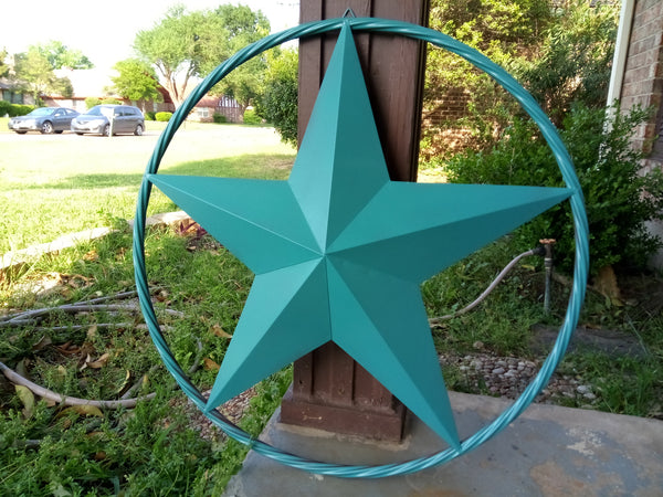 24", 32", 38" TEAL BARN LONE STAR WITH TWISTED ROPE RING DESIGN METAL WALL ART WESTERN HOME DECOR VINTAGE RUSTIC TEAL NEW