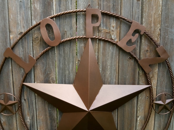 KOLET FAMILY STYLE YOUR CUSTOM FAMILY NAME STAR METAL BARN STAR ROPE RING KOLET FAMILY WESTERN HOME DECOR VINTAGE RUSTIC BROWN NEW HANDMADE 24",32",34",36",40",42",44",46",50"