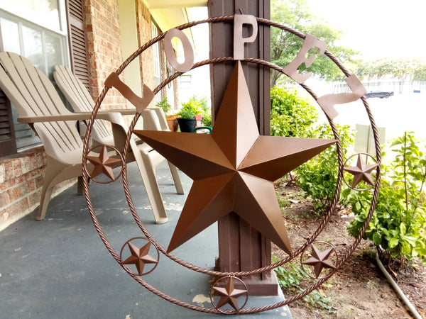 KOLET FAMILY STYLE YOUR CUSTOM FAMILY NAME STAR METAL BARN STAR ROPE RING KOLET FAMILY WESTERN HOME DECOR VINTAGE RUSTIC BROWN NEW HANDMADE 24",32",34",36",40",42",44",46",50"